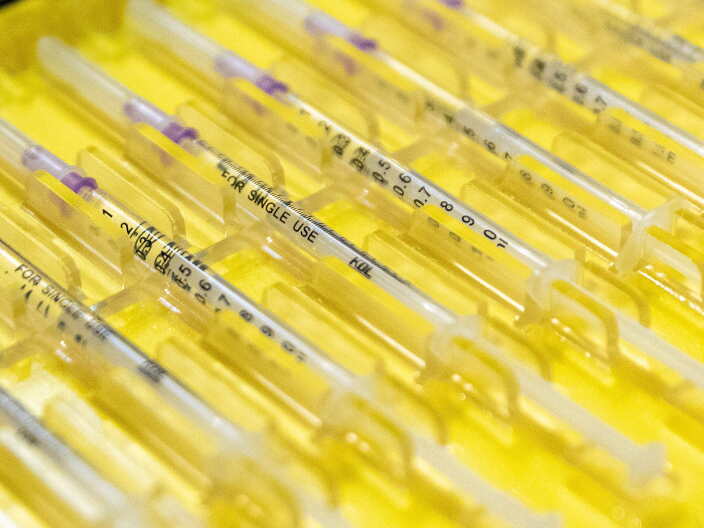 Syringes filled with the Novavax COVID-19 vaccine.