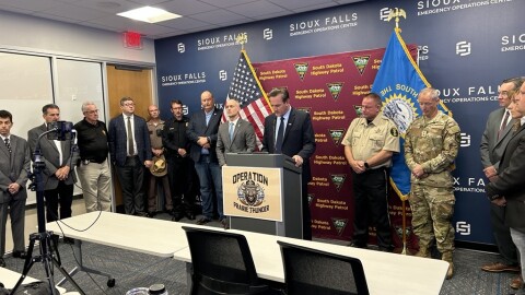 Gov. Larry Rhoden speaks at a press conference in Sioux Falls on July 28, 2025, announcing Operation Prairie Thunder, an initiative to reduce crime in the state.