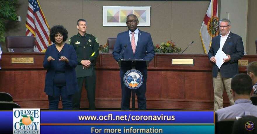Orange County mayor Jerry Demings gives an update on coronavirus, flanked by Sheriff John Mina (l) and Orlando Mayor Buddy Dyer (r). Image- Orange TV