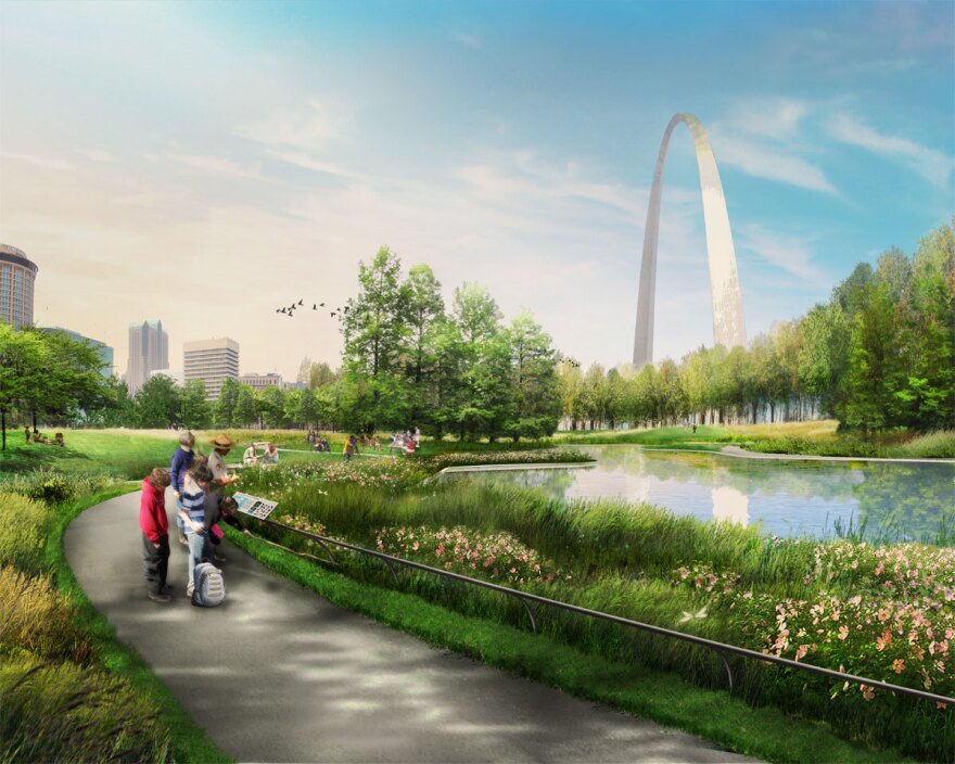 A presentation image of MVVA's plans for a historic landscape pond on the Arch grounds.
