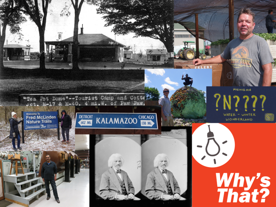 A collage of images related to WMUK's series Why's That, including a sign that says Kalamazoo, a drawing of a license plate with question marks and the letter N, the Why's That logo featuring a light bulb, a black and white photo of an old gas station and more.