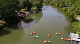 Julie Cataldo who has cerebral palsy uses a custom BoardSafe Adaptive Kayak Launch, in Fairport along the Erie Canal.