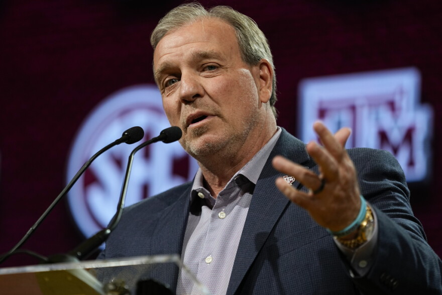FILE - Texas A&M head coach Jimbo Fisher speaks during NCAA college football Southeastern Conference Media Days, Monday, July 17, 2023, in Nashville, Tenn. Texas A&M opens their season at home against New Mexico on Sept. 2. (AP Photo/George Walker IV)