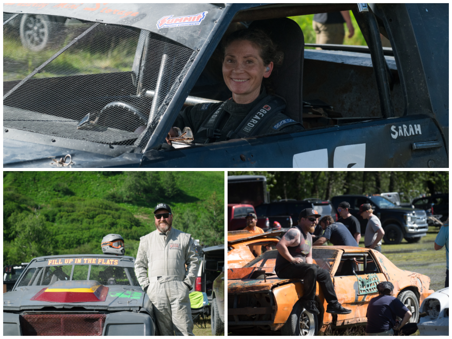 Top: Sarah Rohrer sits in her car before a race July 11, 2026. Left: Josh Good stands in front of his car before a race on July 11, 2026. Right: Hayden Frederickson sits
