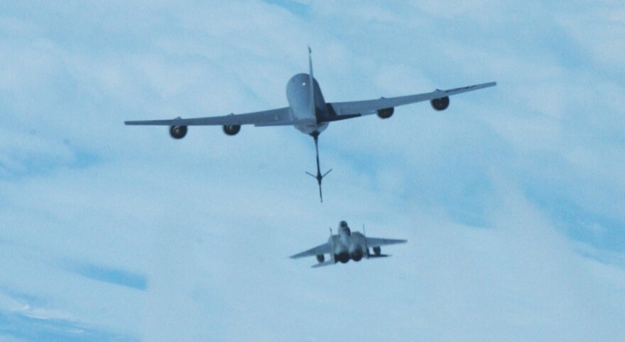 An F-15 Eagle approaches the boom of a 168th Wing KC-135 to take on jet fuel over the Pacific Alaska Range Complex, now known as JPARC, during a 2008 training mission.