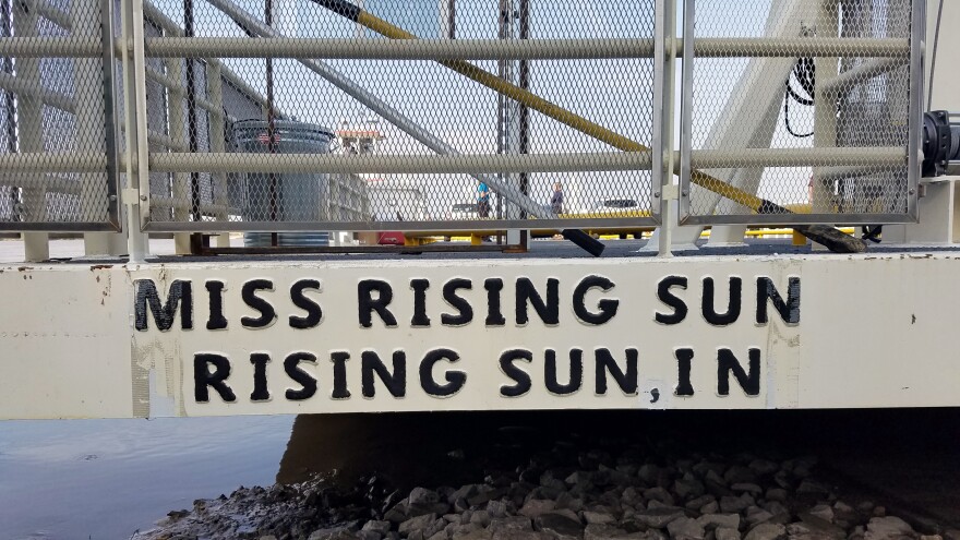 The MS Lucky Lady ferry is comprised of two parts: a tug that does the pushing and a barge to carry the vehicles.