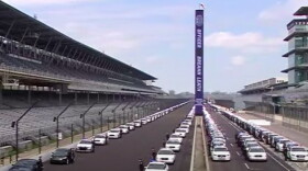Members of the IMPD line the Indianapolis Motor Speedway during services for Officer Breann Leath.