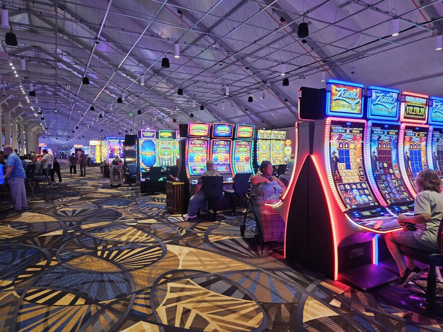 Rows of slot machines inside a temporary Caesar's casino that opened recently in Danville, Va.