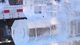 An ice sculpture being prepared for Bloomington's first Freezefest.