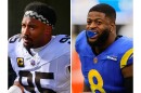 FILE - This photo combination shows Cleveland Browns defensive end Myles Garrett, left, in Cincinnati, Jan. 4, 2026, and Los Angeles Rams linebacker Jared Verse, Jan. 4, 2026, in Inglewood, Calif. 