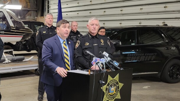Central New York Rep. John Mannion (D-Geddes) speaks at a news conference with Onondaga County Sheriff Toby Shelly on Friday, March 13, 2026.