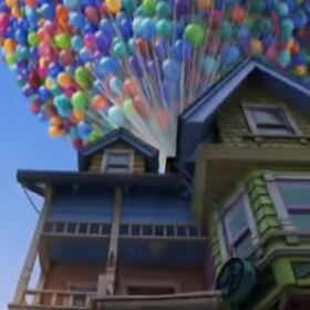 color photo of balloons lifting house in Up