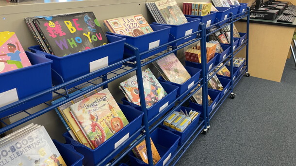 Books seen in the library at Browning Elementary School on Sept. 2, 2025, the first day of the new school year.