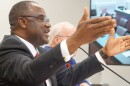 Illinois State University President Aondover Tarhule speaks to a Senate committee in Springfield on April 28, 2026.