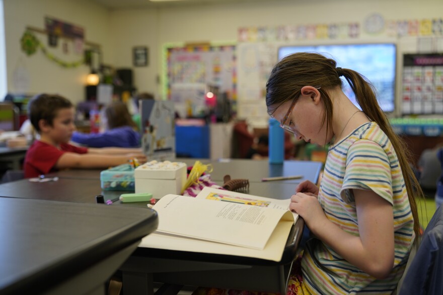 Mesick second-grade student Aubree Otto quietly reads during reading time on Feb. 19, 2026. (Photo: Daniel Schoenherr/The Cadillac News)
