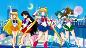 Sailor Moon (center) with Sailor Venus (from left), Sailor Mars, Sailor Mercury and Sailor Jupiter. Together, they battle evil supernatural forces that threaten the world.