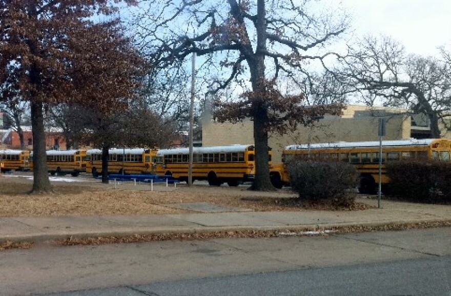 School buses line up to evacuate students from Webster during a disaster drill.