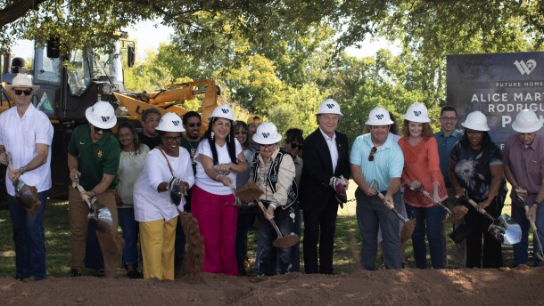 Waco City Councilmembers, including former longtime council member Alice Rodriguez (center), turn over the ceremonial first shovel during the groundbreaking celebration for Alice Martinez Rodriguez Park on Saturday, October 4. Construction on the park is expected to be finished in late 2026.