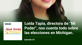 En la imagen se puede observar a Loida Tapia. Loida tiene cabello color cafe oscuro. En la foto ella esta sonriendo. Tiene lentes con un borde color negro y pintalabios color rojo. En el lado inferior de la imagen está el logo de Que Onda Michigan sobre un fondo blanco. En la parte izquiera superior están las palabras: "WKAR". En la parte derecha las siguientes palabras están escritas: Loida Tapia, directora de "Mi Poder", nos cuenta todo sobre las elecciones en Michigan"  y "Episodio 63". El fondo de la imagen es de color verde. 