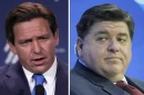 Florida Gov. Ron DeSantis (left) speaks at the annual leadership meeting of the Republican Jewish Coalition in Las Vegas on Nov. 19, 2022; Gov. J.B. Pritzker (right) attends a panel at the World Economic Forum in Davos, Switzerland on Jan. 17, 2023.