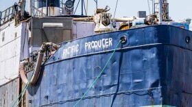 The Pacific Producer, a large abandoned vessel, docked in a waterway off Commencement Bay in Tacoma, Wash., as seen July 15, 2025.