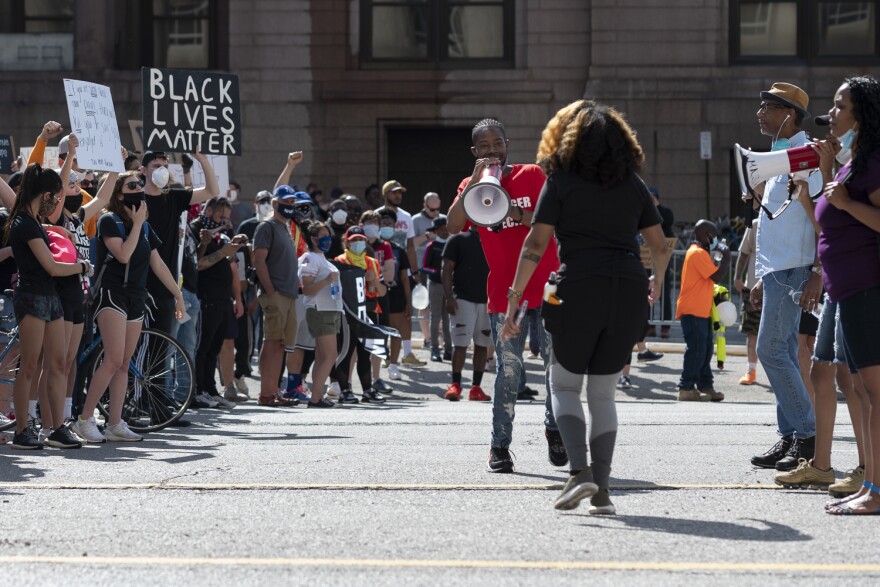 Protesters outside the City Justice Center in St. Louis on Monday.