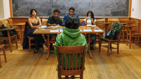 Talia Hsia, Slater Vance, Chin Onwu, and Fabeha Jahra (l-r) review the audition Demi Singleton for Six Degrees of Separation,” October 05, 2026 at the Heritage Production Company at Linsly-Chittenden Hall in New Haven Connecticut.