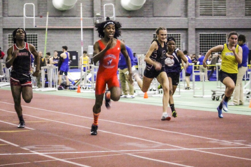 Bloomfield High School transgender athlete Terry Miller, second from left, wins the final of the 55-meter dash over transgender athlete Andraya Yearwood, far left, and other runners in the Connecticut girls Class S indoor track meet at Hillhouse High School, on Feb. 7, 2019, in New Haven, Connecticut.