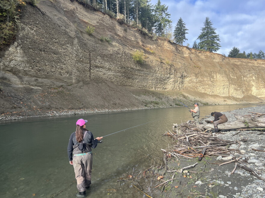 People wearing waders fish on the banks of a river. 