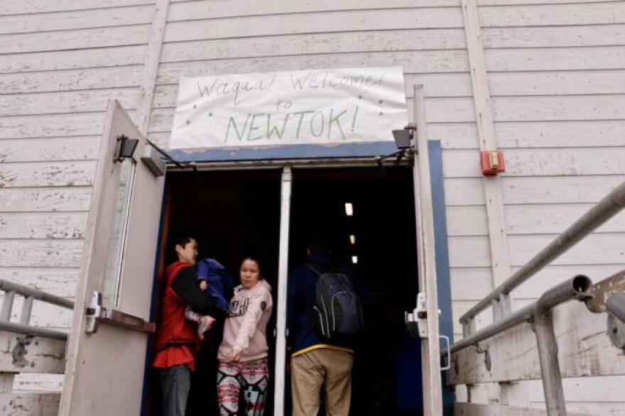 Newtok welcomes guests before their trip over to the new village site, Mertarvik, in August 2017. (Photo by Christine Trudeau/KYUK)