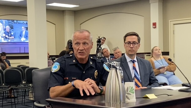 Elizabethtown Police Chief Jeremy Thompson (left) and Flock Safety director of government relations Kevin Kane defended Flock cameras in testimony before the interim House Judiciary committee in Frankfort on Sept. 3, 2026.