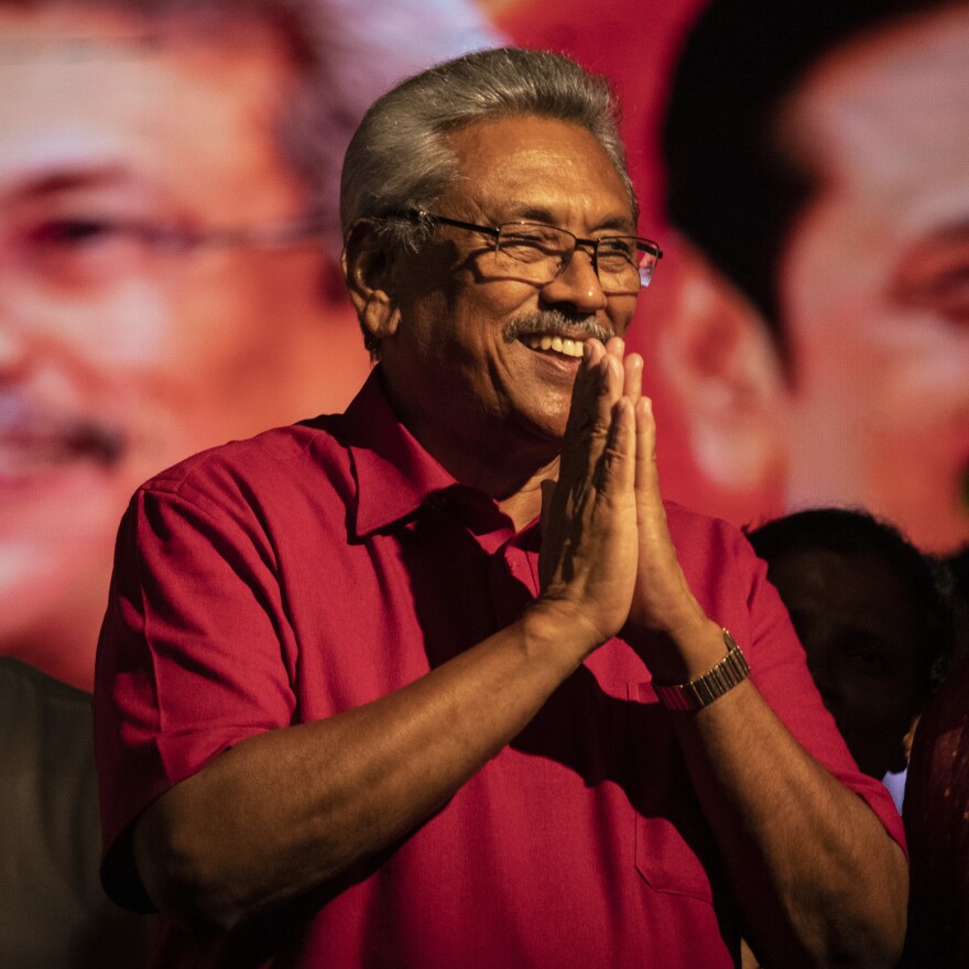 Sri Lankan presidential candidate Gotabaya Rajapaksa on stage Wednesday in Homagama.