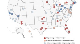 A map of unemployment change in selected metro areas of the United States. Northern Virginia, Hampton Roads and Richmond all ticked higher.