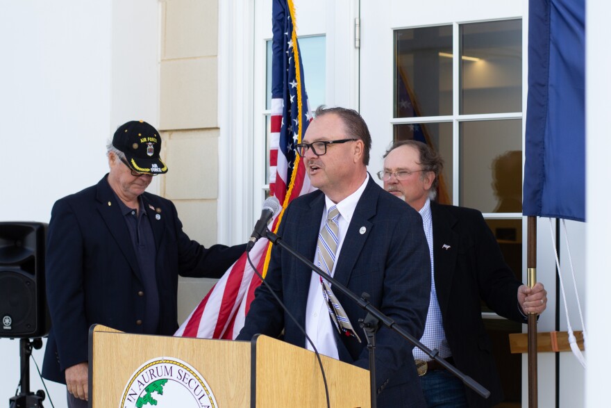 County Administrator Tim Fitzgerald addresses those gathered for a cornerstone ceremony on Monday, March 23.