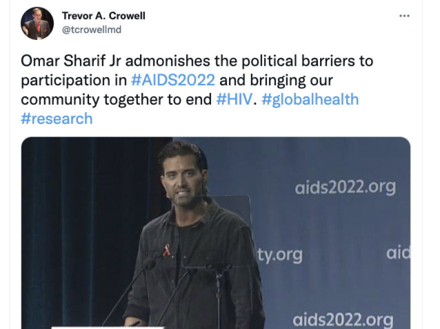 This screenshot of a tweet from Dr. Trevor Crowell highlights the emcee of the 24th International AIDS Conference in Montreal — actor and activist Omar Sharif Jr. —  as he admonished his home country of Canada for visa and immigration policies that left numerous people from low- and middle-income countries unable to attend the event in person.