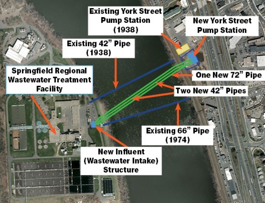 A map of upgrades constructed as part of the York Street Pump Station & Connecticut River Crossing Project, Springfield, Massachusetts. 