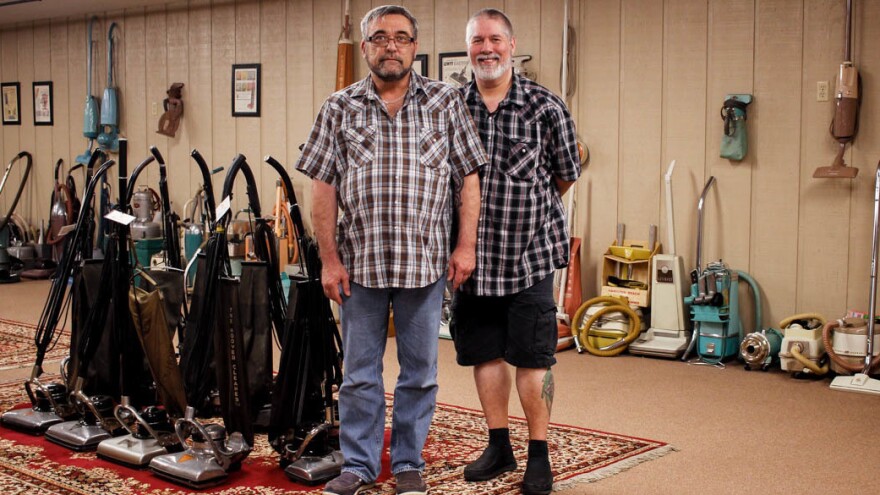 Donnie Pedrola, 48, (left) and Tom Gasko, 57, at their Rolla, Mo., vacuum repair shop and museum, in June. "Most people aren't that passionate about something," Pedrola says of Gasko's lifelong and prolific love for vacuum cleaners.