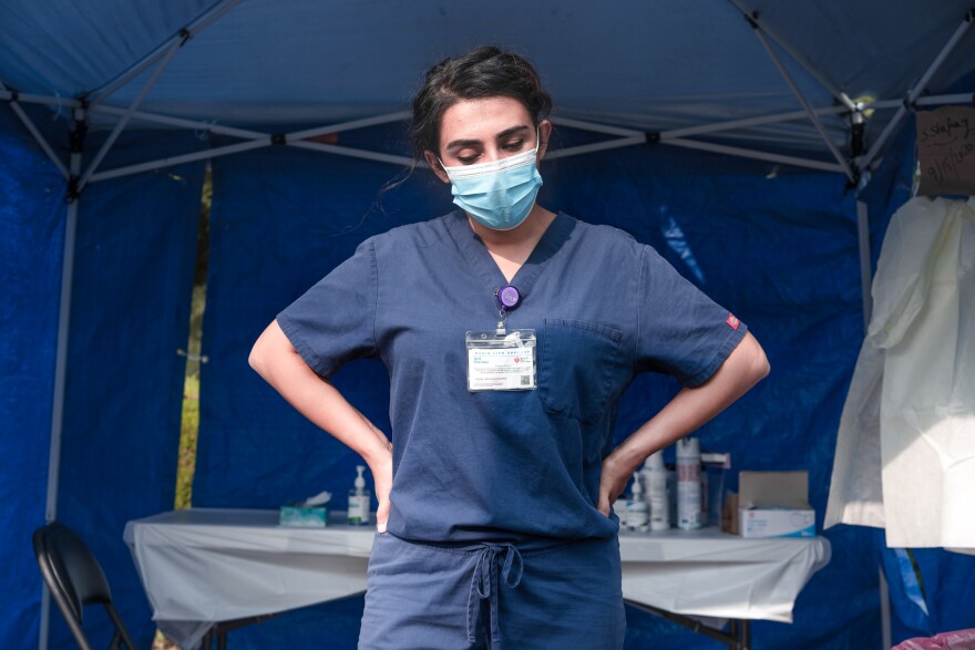 Sheeba Shafaq at the COVID-19 testing site in Sacramento, Calif., where the Afghani doctor was named a supervisor.