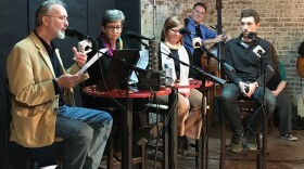 Frank Stasio with Rev. Julie Peeples, Gwen Gosney Erickson, and Andrew Willis GarcÃ©s at the Upstage Cabaret Greensboro.
