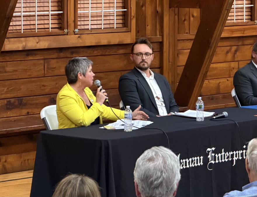 Incumbent state Rep. Betsy Coffia, D-Traverse City, debates Republican nominee Edwin Dean at the 2026 Cherry Capital Debate to represent Michigan’s 103rd state House District. (Photo: David Dodman)