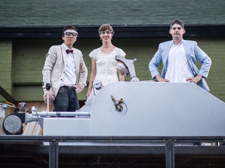 From left to right: Peter Kim, MOFAD executive director; Emma Boast, program director; and Dave Arnold, founder and president, atop the puffing gun.
