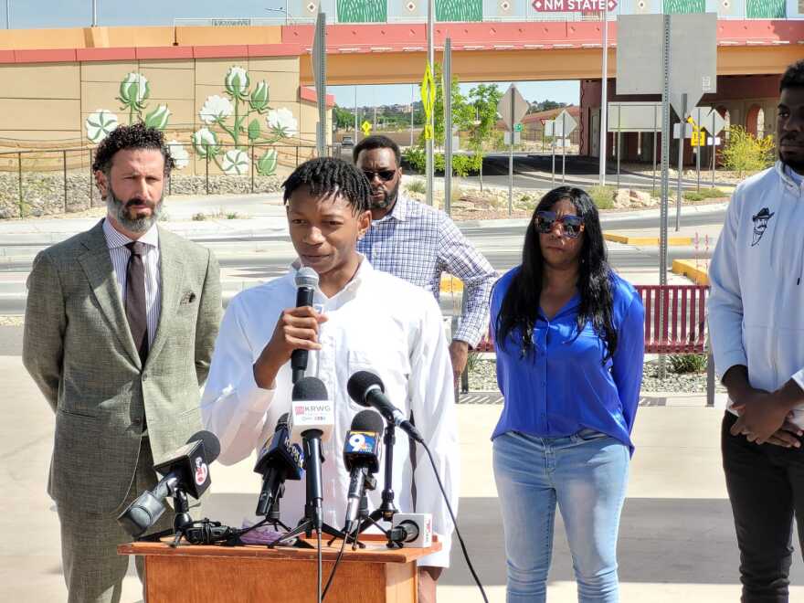 William "Deuce" Benjamin Jr. speaks at a press conference about his experiences within NMSU's basketball program