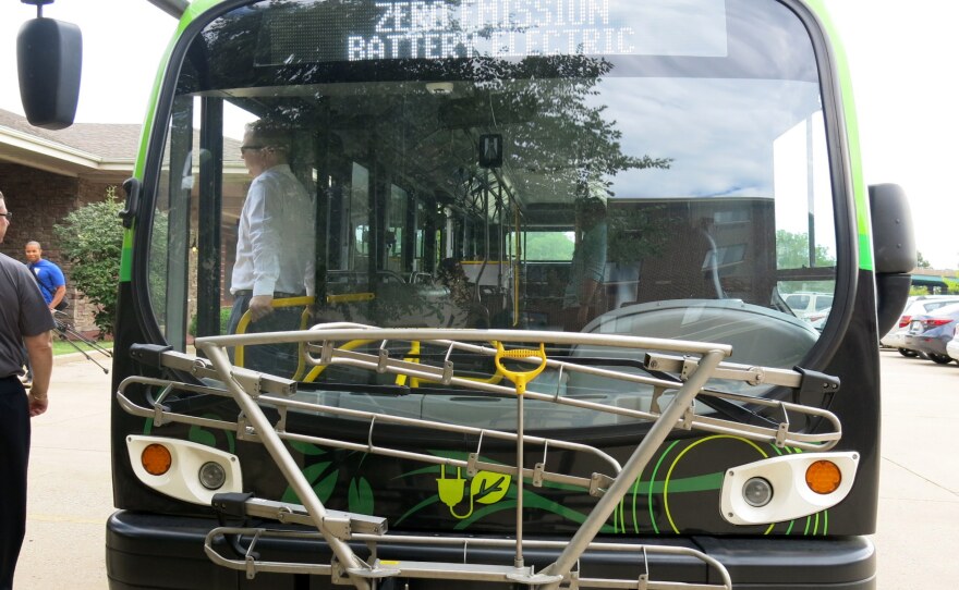 The front of the bus with bike rack