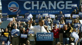 Then-presidential candidate Barack Obama speaks during the first stop on his American Jobs Tour Rally in Dayton, Oh., in October 2008.
