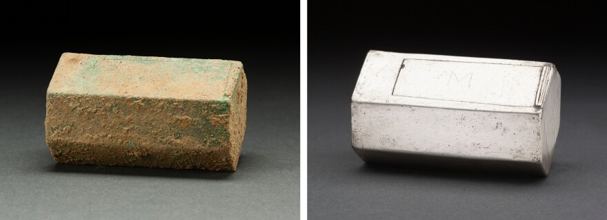 A well-preserved silver box, thought to be a Roman Catholic reliquary, rested atop the coffin of a man believed to be Capt. Gabriel Archer. The box was an unexpected find at the site of the 1608 Anglican church, suggesting the colonist retained his Roman Catholic faith, perhaps in secret.