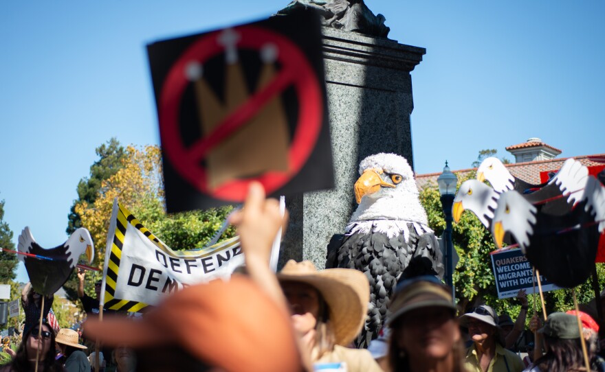 Five of the giant puppets at the march were created by artists through Indivisible Santa Cruz.