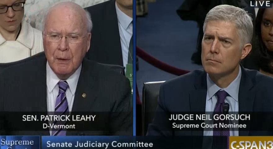 U.S. Sen. Patrick Leahy of Vermont questions Neil Gorsuch during a Supreme Court confirmation hearing on March 21, 2017.