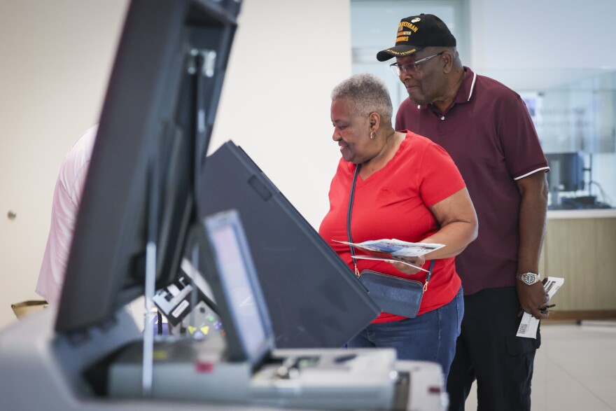 Louis Marrow and Lourbria Morrow test out voting machines Friday, April 18, 2025, in Dallas.
