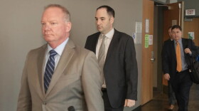 Daniel Perry, center, and his attorney Doug O’Connell walk out of the courtroom during jury deliberations in his trial in the shooting death of Garrett Foster.