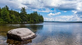 Scenic lake with rock in foreground and pine trees along shore